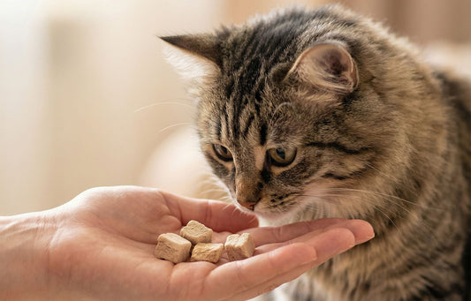 Katze frisst gefriergetrocknete Hühnersnacks