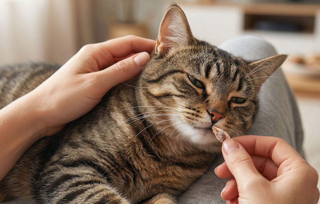 Katze schnupert an Snack