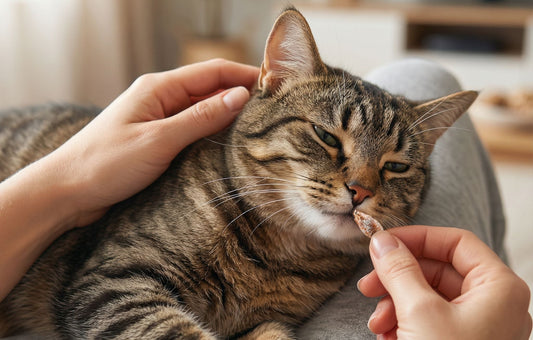 Katze schnupert an Snack