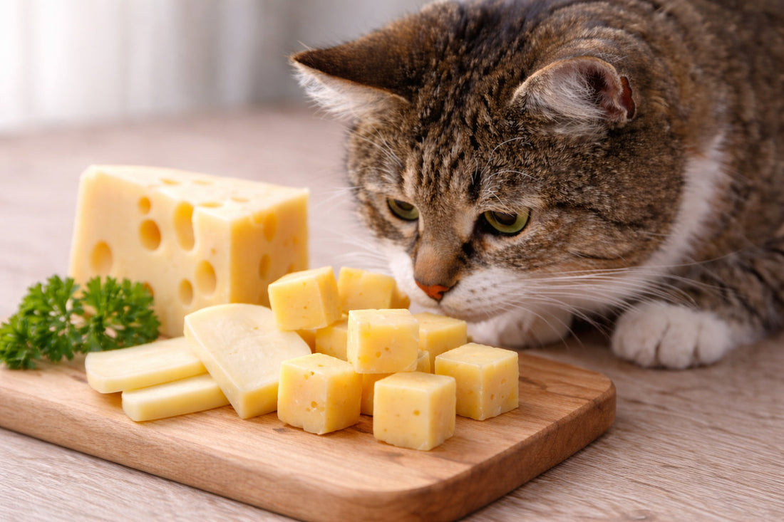 Katze schnuppert an verschiedenen Käsesorten auf einem Holzbrett – Frage ob Katzen Käse essen dürfen und wie gut sie ihn vertragen