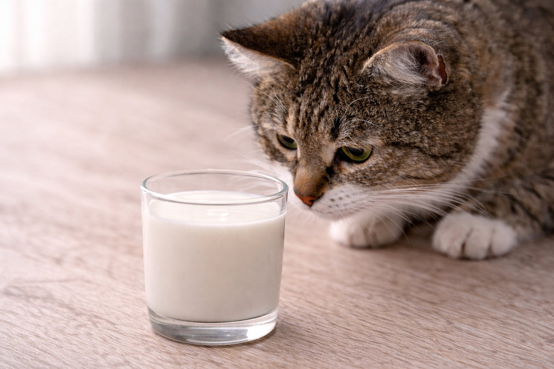 Katze schnuppert an einem Glas Milch auf einem Tisch – Frage ob Katzen Milch trinken dürfen und ob sie sie vertragen