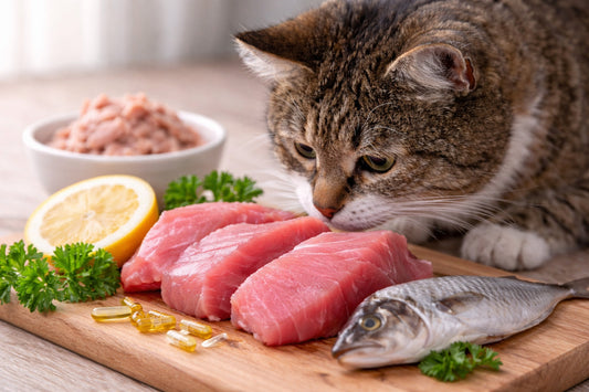 Katze schnuppert an Thunfisch oder Fisch – Frage ob Katzen Thunfisch fressen dürfen