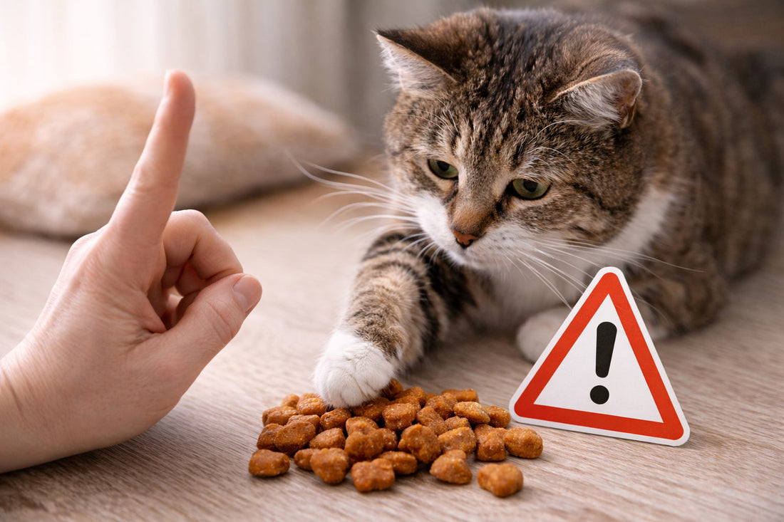 Katze versucht Snacks vom Boden zu nehmen während eine Hand stoppt – typische Fehler beim Umgang mit Katzensnacks