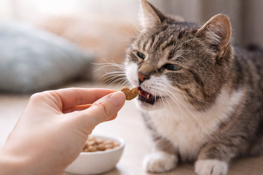 Ältere Katze frisst einen weichen Katzensnack aus der Hand – geeignete Snacks für Senior Katzen und ältere Katzen