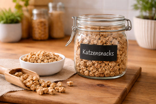 Katzensnacks in luftdichtem Glasbehälter aufbewahrt – richtige Lagerung für längere Haltbarkeit von Katzensnacks