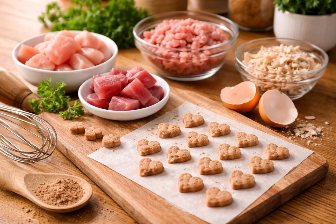Zutaten für selbstgemachte Katzensnacks auf Holzbrett – Huhn, Fisch und geformte Snacks für DIY Katzenleckerlis