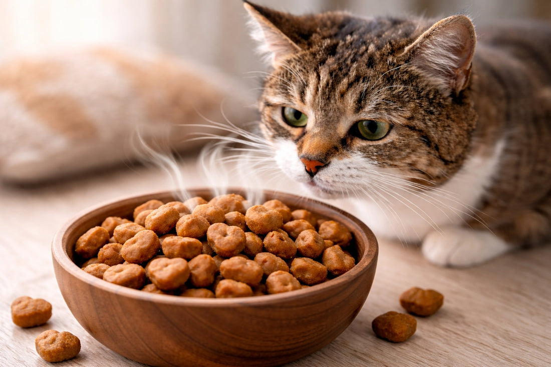 Katze schnuppert an Katzensnacks in einer Schüssel – intensiver Geruch von Katzensnacks zieht Katzen an