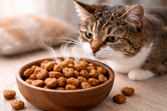 Katze schnuppert an Katzensnacks in einer Schüssel – intensiver Geruch von Katzensnacks zieht Katzen an