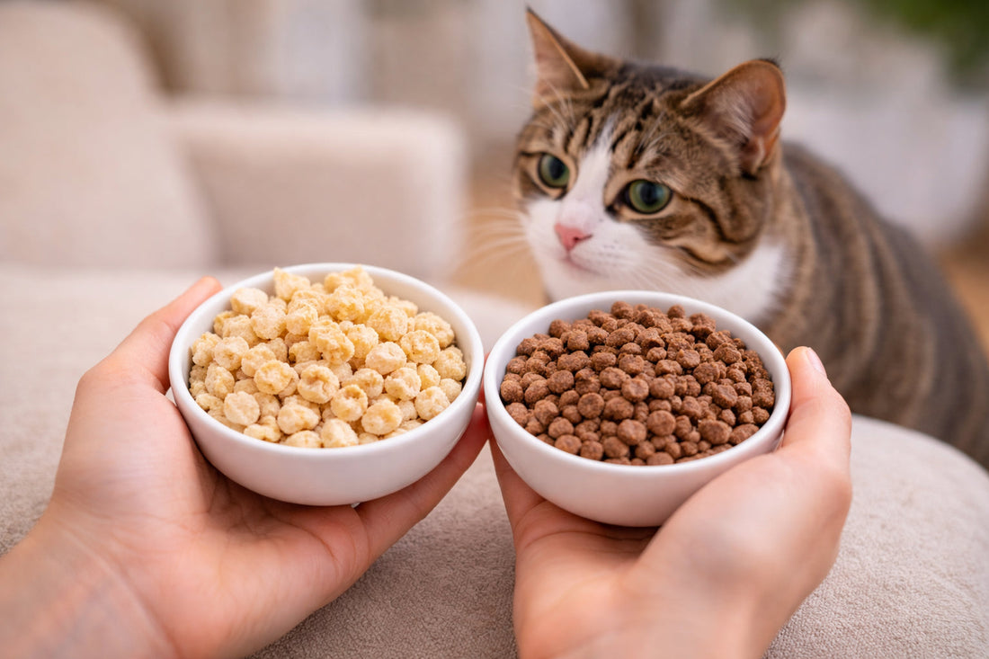 Katze betrachtet zwei verschiedene Katzensnacks – Vergleich für tägliche Snackfütterung