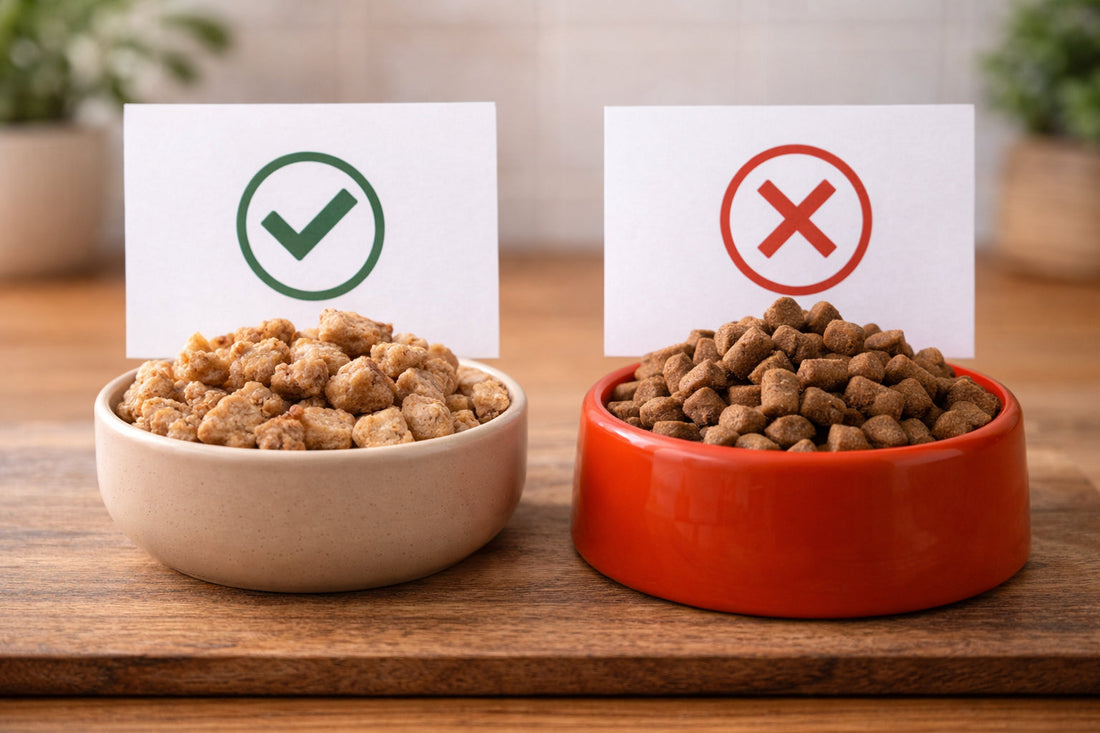 Vergleich von Katzensnacks in zwei Schüsseln – hochwertige Snacks mit natürlicher Struktur und günstige stark verarbeitete Katzensnacks