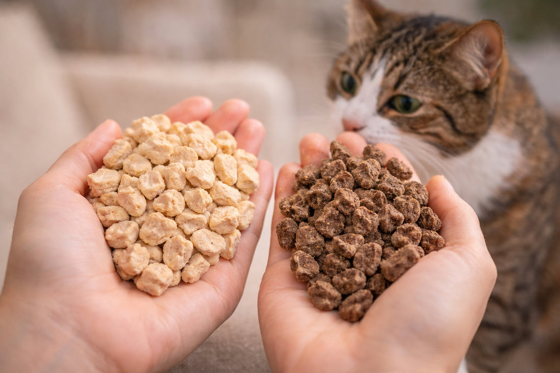 Katze vergleicht zwei verschiedene Katzensnacks – natürlicher und stark verarbeiteter Snack