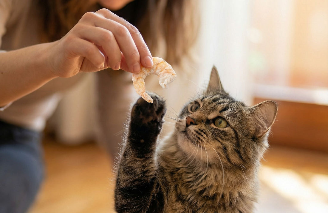 Katze greift nach gefriergetrocknetem Snack