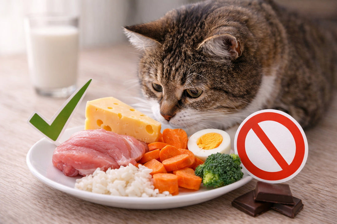 Katze schnuppert an verschiedenen Lebensmitteln wie Fleisch, Reis und Gemüse – Übersicht was Katzen fressen dürfen und was nicht