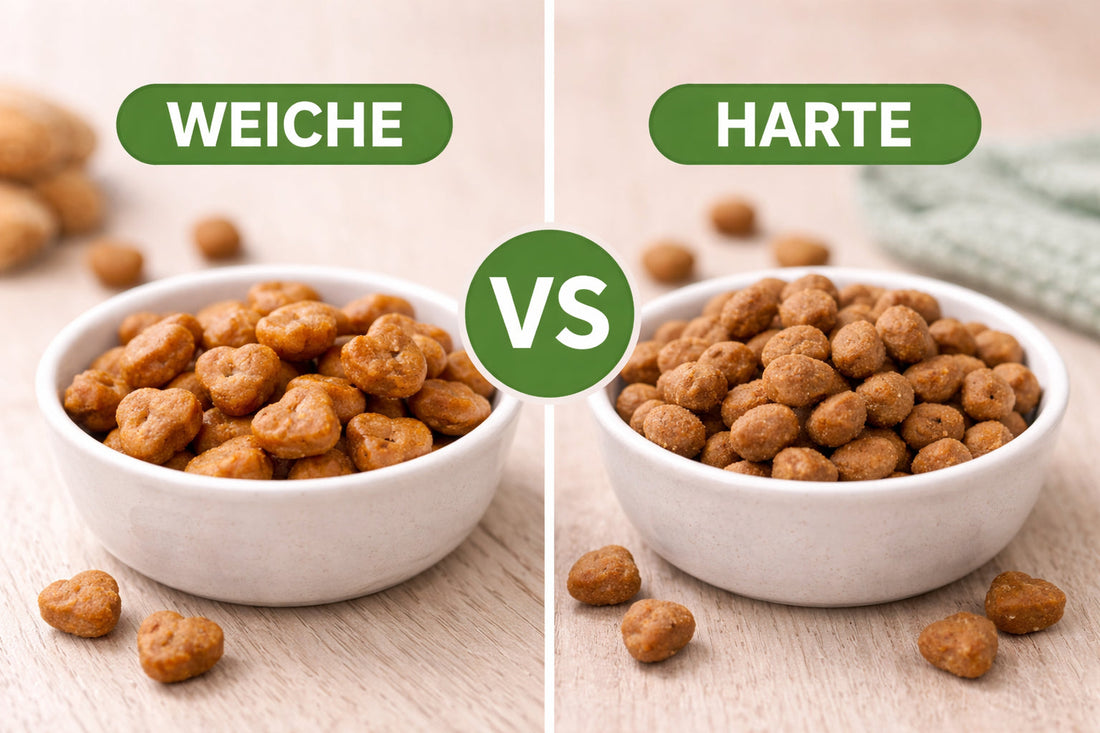 Vergleich von weichen und harten Katzensnacks in zwei Schüsseln – unterschiedliche Konsistenzen bei Katzensnacks